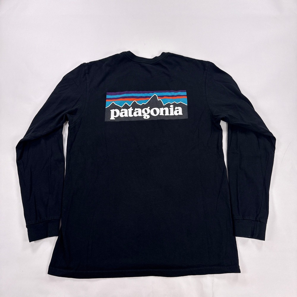 Patagonia Mens T Shirt Medium Black P-6 Logo Long Sleeve Crewneck Cotton Tee